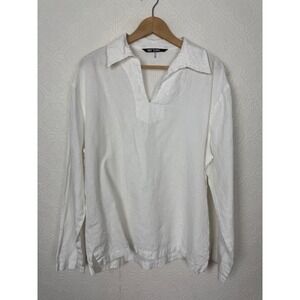 Mr Turk 100% Linen Popover Long Sleeve V-Neck Tunic Shirt Medium Mens White